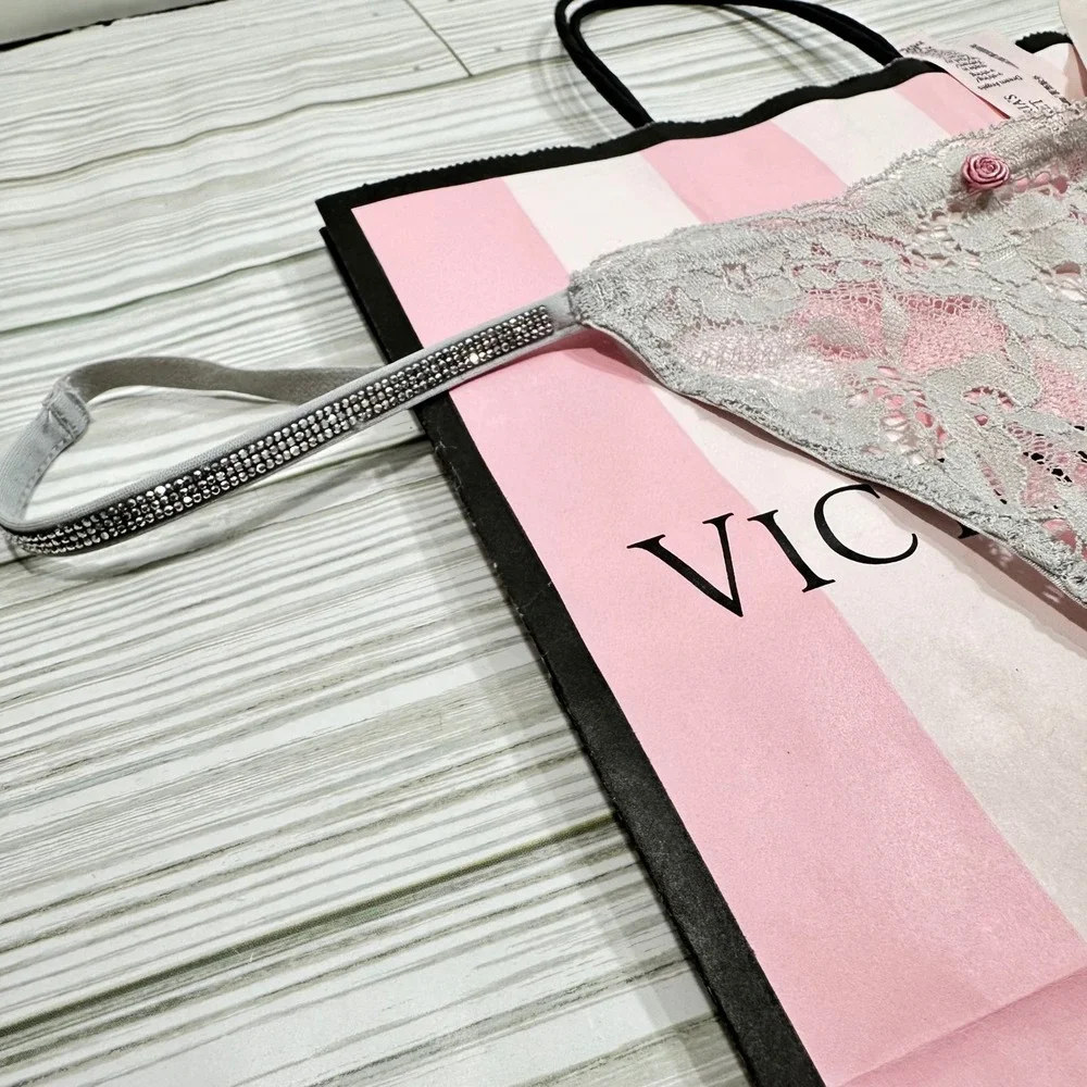 NWT Victoria's Secret Dream Angels V String Thong Gray Lace Rhinestone Detail XL